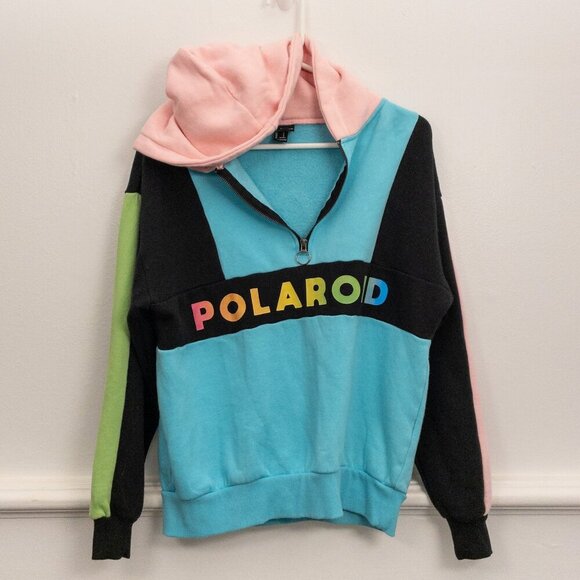 Polaroid Retro Colorblock Half-Zip Fleece Hoodie – Multicolor Streetwear Size S - Picture 3 of 5
